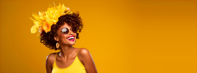 portrait of a smiling african american woman, wearing glasses, flowers on her head, dressed in yellow, isolated on a yellow background