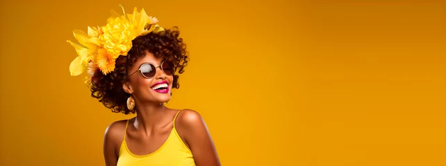 Poster portrait of a smiling african american woman, wearing glasses, flowers on her head, dressed in yellow, isolated on a yellow background © Favio