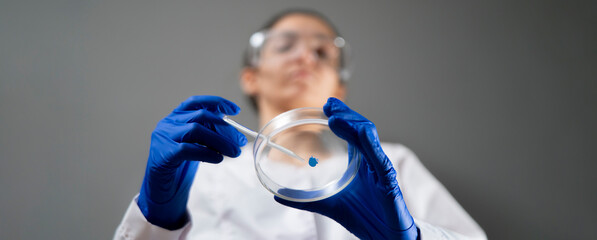 bottom view of scientist holding petri dish and examine the biological sample, health research