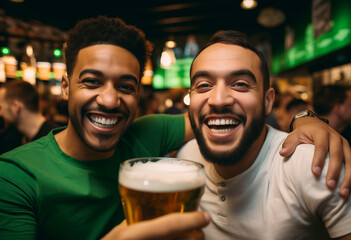 portrait of two multiracial friends holding a glass beer in pub celebrate St. Patrick day - obrazy, fototapety, plakaty