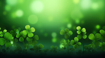 St. Patrick's day with clover leaves on the green light background - obrazy, fototapety, plakaty