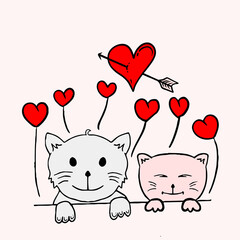 illustration of cats, hearts and love for Valentine's Day