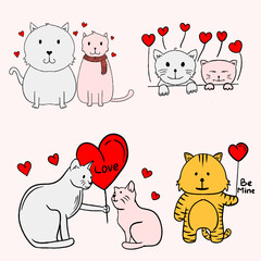 illustration of cats, hearts and love for Valentine's Day