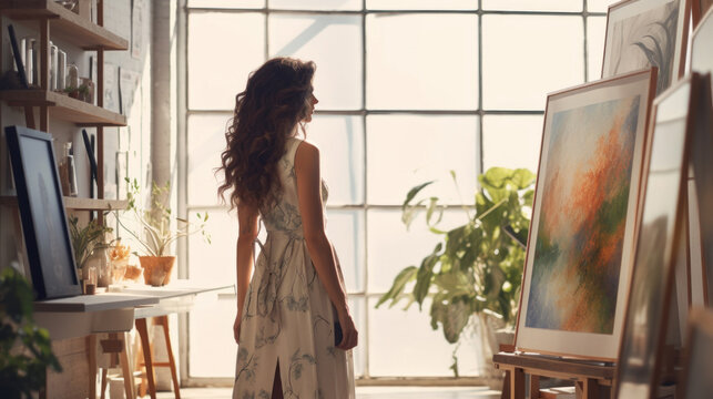 Back view of a young woman with long curly hair standing in front of an easel and painting on canvas.