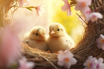 Cute little chicks in nest on spring background.