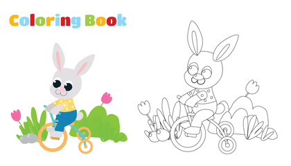 Coloring page. Easter spring illustration of a cute bunny on a bicycle. Easter bunny in cartoon style for children.