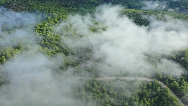 Scenery aerial view of serpentine road among forest partly hidden among clouds