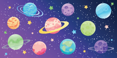 Vector set of cartoon planets. Fantasy abstract space objects vector illustration collection. Planetarium, Cosmonautics Day, Astronomy Day