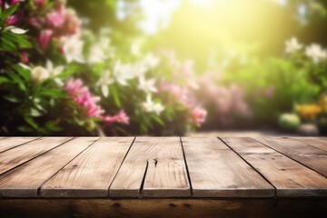Old wooden table with a soft-focus garden background