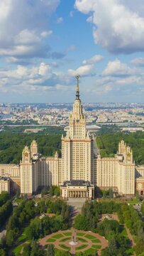 Moscow City. Russia. Aerial Hyper Lapse, Time Lapse. Drone Flies Backwards and Upwards. Vertical Video