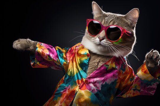 Party cat wearing a vibrant dress and cool shades dancing