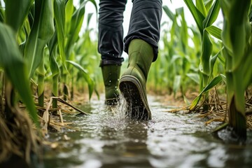 Rubber boots stepping through a lush corn field - obrazy, fototapety, plakaty