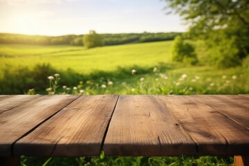 Rustic wooden table on a green field background