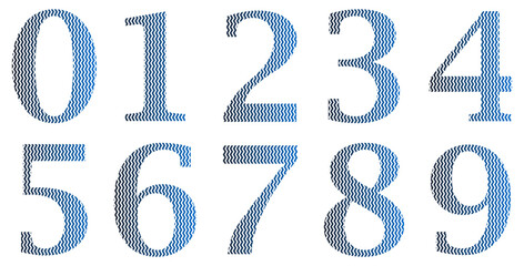 Set of black and blue numbers isolated on white. Alphabet with numbers. Vector graphic elements for design. Zigzag lines, wavy lines