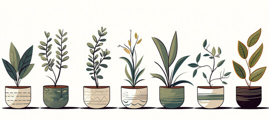 Different plants in colorful pots on a shelf isolatedon white background