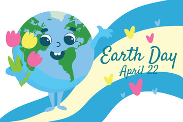 Naklejka premium Earth Day greeting card. Planet Earth with a cheerful face smiles joyfully and holds tulips in her hands. Illustration cartoon style isolated on white background.