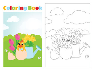 Coloring page. On a green meadow there is a charming chicken and a watering can and flowers tulips and daffodils. Vertical banner for spring holiday.