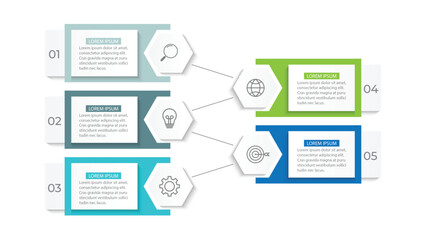 Business infographic design with 5 options. Vector thin line label with hexagons template