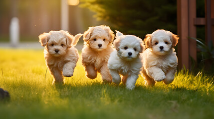 Four cute Maltipoo puppies a mix of Maltese and Poodle breeds, are plaing on the grass. generative AI - obrazy, fototapety, plakaty