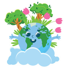 Earth Day greeting card. Planet Earth with a cheerful face is smiling joyfully. Next to her are tulips, trees and clouds.