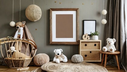 stylish scandinavian newborn baby room with brown wooden mock up poster frame toys plush animal and child accessories - obrazy, fototapety, plakaty