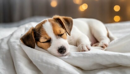 cute jack russell dog terrier puppy sleeping on white blanket in the bed in bedroom