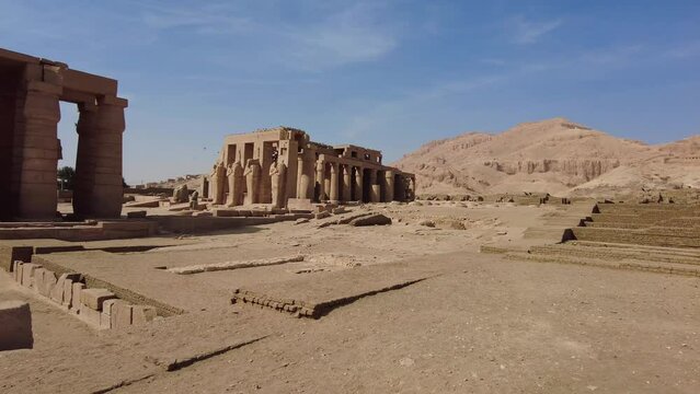 Luxor, Egypt: Exterior view of the famous Ramesseum, the memorial temple of Pharaoh Ramesses II in the Luxor westbank in Upper Egypt without any tourists around. 