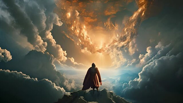 almighty god in the clouds. The resurrected Jesus Christ ascending to heaven above the bright light sky and clouds and God, Heaven and Second Coming concept believe