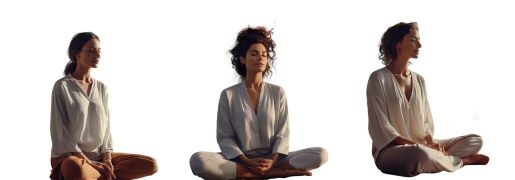 A woman in the lotus position meditates using yoga asana, harmony and tranquility. Transparent background.