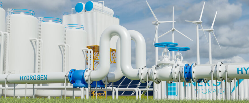 hydrogen pipeline of energy sector towards to ecology,carbon credit,Clean Energy,secure,carbon neutral,transformation,solar,power plant and energy sources balance to replace natural gas.3d rendering.
