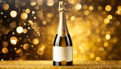 gold champagne bottle with clean label for product design against golden background