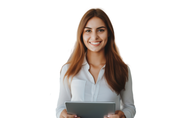 A positive woman in a shirt manager uses a tablet computer online office work employee entrepreneur. Transparent background.
