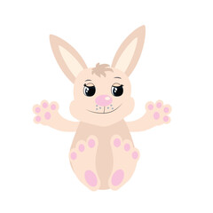 The bunny is sitting and smiling sweetly. Illustration in cartoon style isolated on white background.