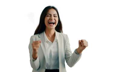 Success victory positive woman in a shirt manager office job employee entrepreneur. Transparent background.