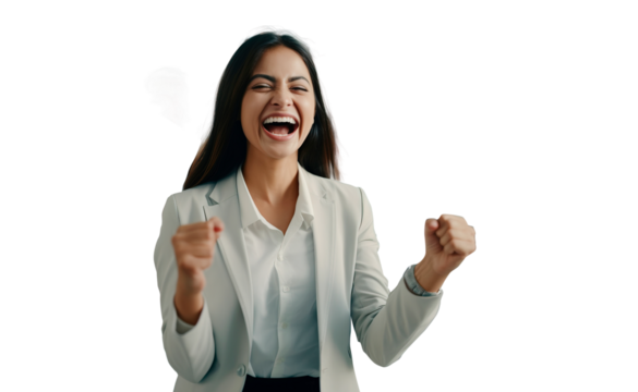 Success victory positive woman in a shirt manager office job employee entrepreneur. Transparent background.