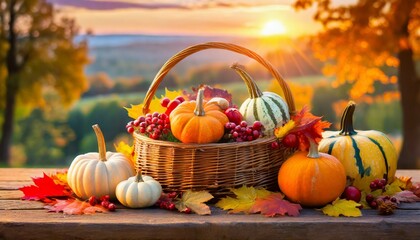 thanksgiving harvest basket on fall background thanksgiving cornucopia fall scene with pumpkins squash on wood table at sunset