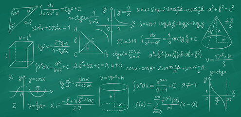 Green blackboard with math formulas. Chalk notes on graphite board, geometry lesson, drawings, letters and numbers, school tutor, vector set.eps