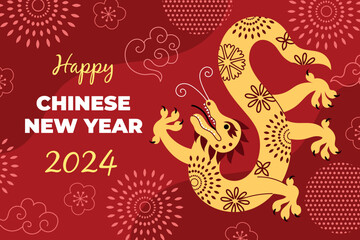 Golden patterned dragon poster. Holiday red banner, chinese new year elements, decorative mythical animal, horoscope symbol, vector concept.eps