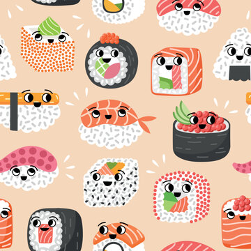 Cartoon sushi rolls repeated background. Traditional japanese cuisine snacks, boiled rice, nori algae and seafood, vector seamless pattern.eps