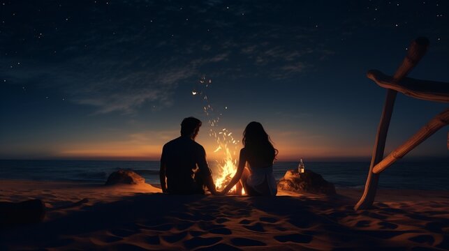 A romantic scene with a couple lying on a beach blanket, gazing up at the stars in the night sky, surrounded by the sounds of the ocean and the warmth of a bonfire.