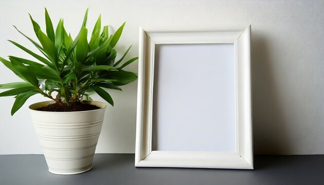 on a pristine white background a potted green plant accompanies an empty white photo frame waiting for memories to be captured