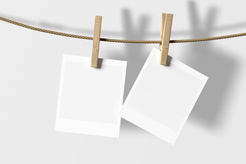 White blank polaroid photo papers on grey background design. Mockup 3d rendering