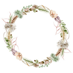 Delicate watercolor wreath of pink and purple flowers with green leaves arranged in a symmetrical circle on a white background. Image for wedding invitations and cards. Notes of elegance and romance.