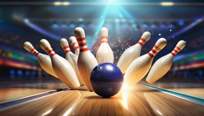 picture of bowling ball hitting pins scoring a strike bowling background bowling 3d rendering - obrazy, fototapety, plakaty