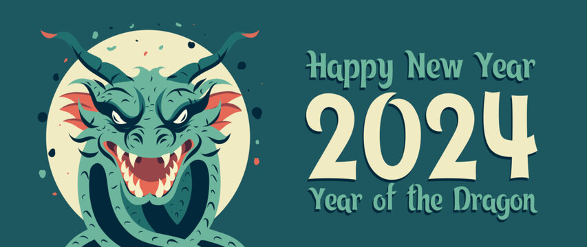 New Year decoration horizontal banner template New Year cards for 2024 year of the dragon. Chinese New Year. Image of a vector dragon on a blue background for a postcard