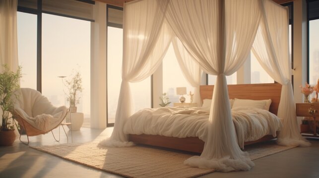 A spacious and airy bedroom with a canopy bed design, surrounded by large windows and flowing curtains, inviting natural light into the space.