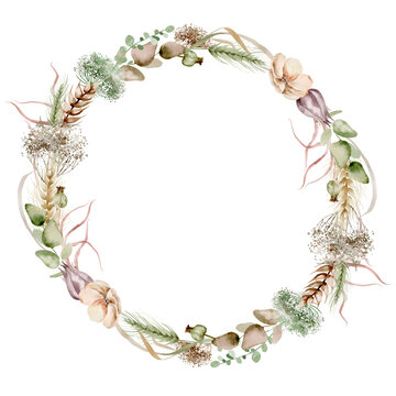 Delicate watercolor wreath of pink and purple flowers with green leaves arranged in a symmetrical circle on a white background. Image for wedding invitations and cards. Notes of elegance and romance.