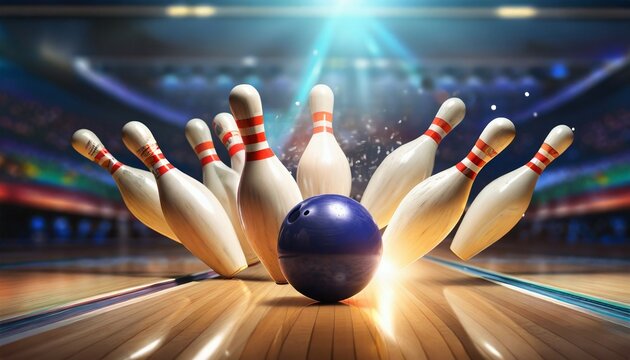 picture of bowling ball hitting pins scoring a strike bowling background bowling 3d rendering