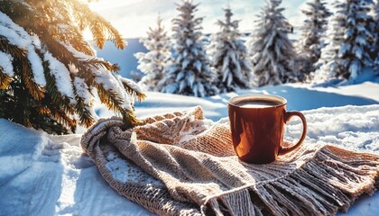 cozy warm winter composition with cup of hot coffee or chocolate cozy blanket and snowy landscape on sunny winter day winter home decor christmas new years eve - obrazy, fototapety, plakaty