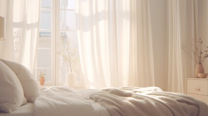 A sunlit bedroom with light and airy linen curtains, providing a soft and dreamy atmosphere. The...